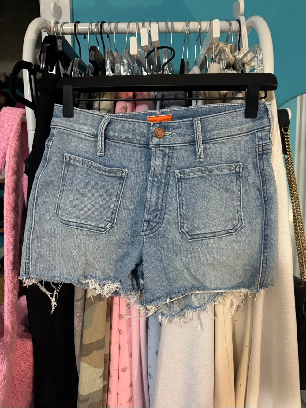 Floral Light Blue Denim Frayed Hem Women’s Shorts floral